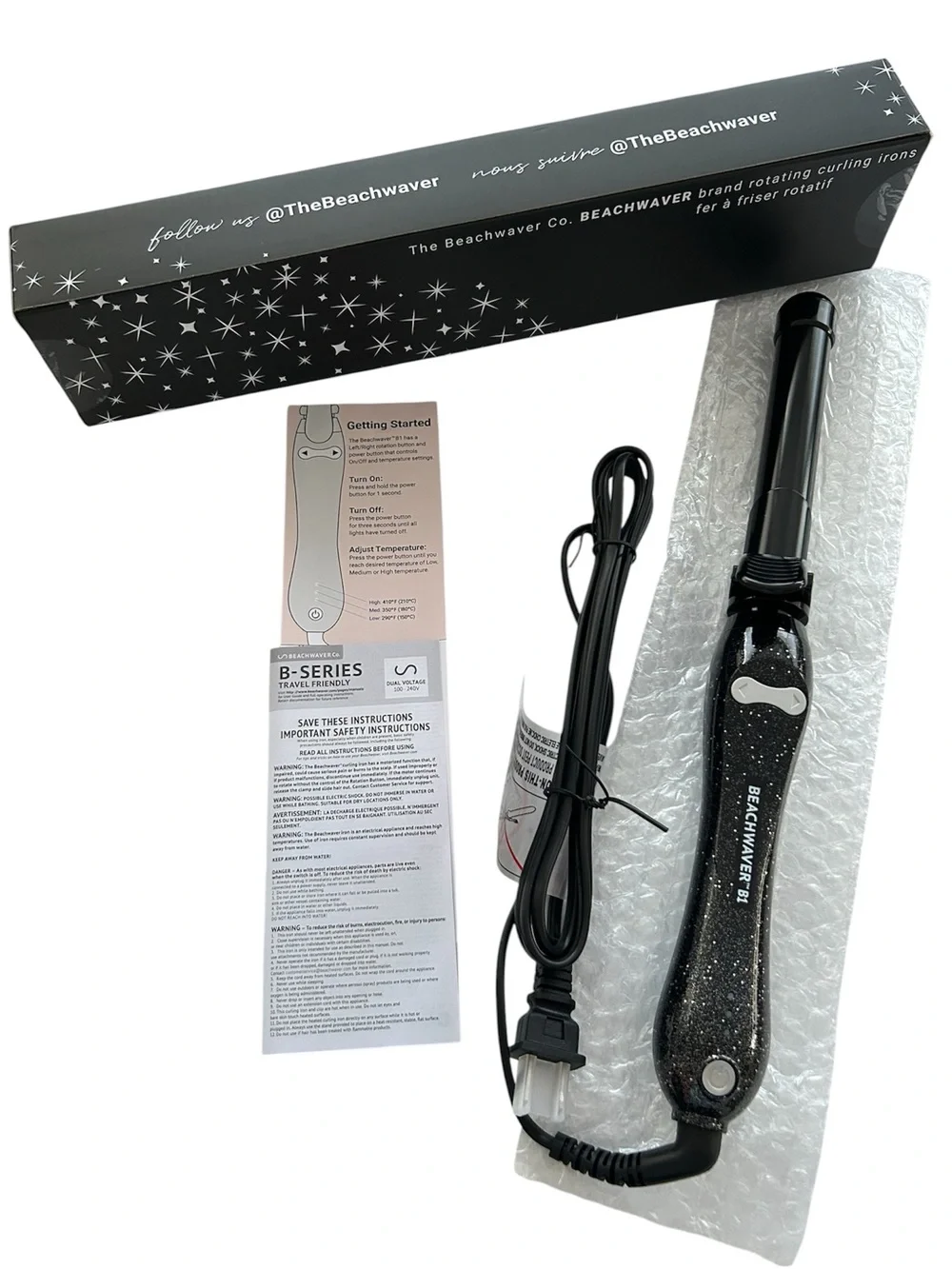 NIB Beachwaver B1 Black Glitter Rotating Curling Iron Ceramic Barrel Size 1”
